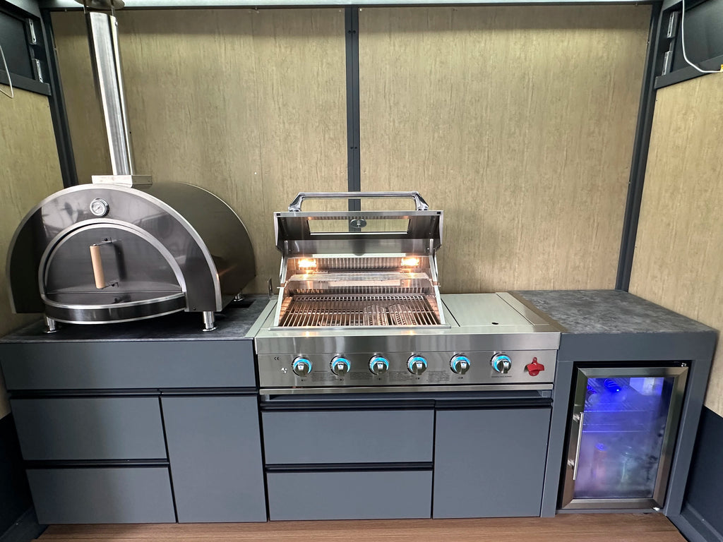 Custom All-In-One Stainless Steel Outdoor Kitchen Modern Expertly Engineered BBQ Island Featuring Refrigerator Grill Pizza Oven