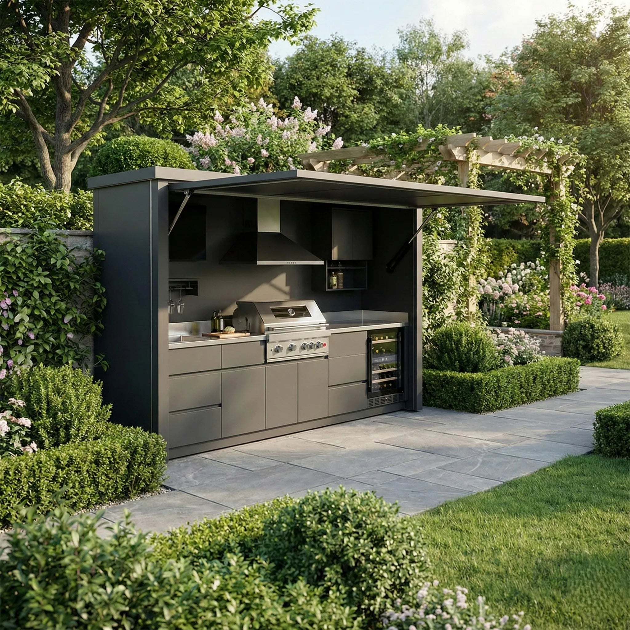 ODM Weatherproof Stainless Steel Outdoor Kitchen Pod Modern Design Outdoor Bbq Kitchen with Shed with Wine Cooler for Patio