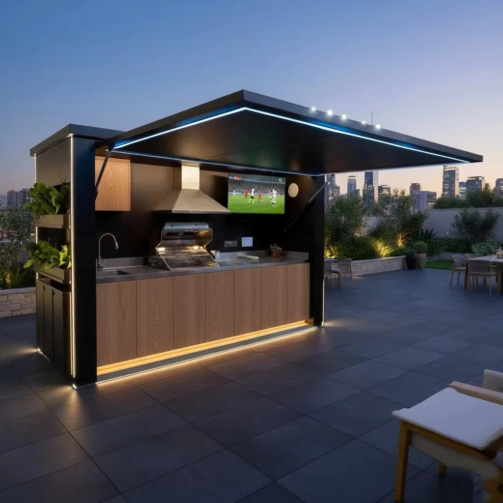 OEM Modern Design 304 Stainless Steel Outdoor Kitchen Pod Corrosion Preventive Outdoor Kitchen Bbq Island with Shed for Garden