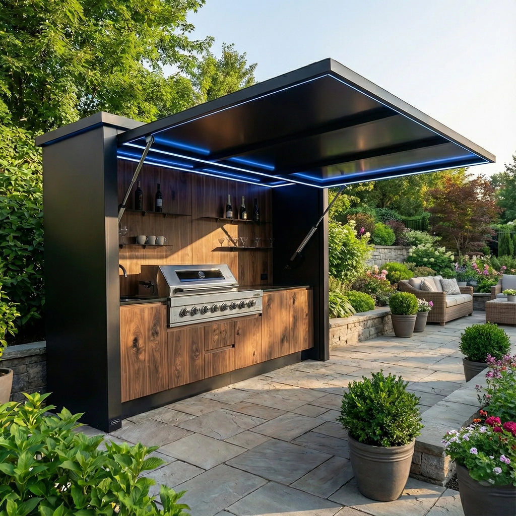 Customized Modular Outdoor Kitchen Gas Grill with Shed Fireproof 304 Stainless Steel Outdoor Kitchen Pod for Villa Courtyards