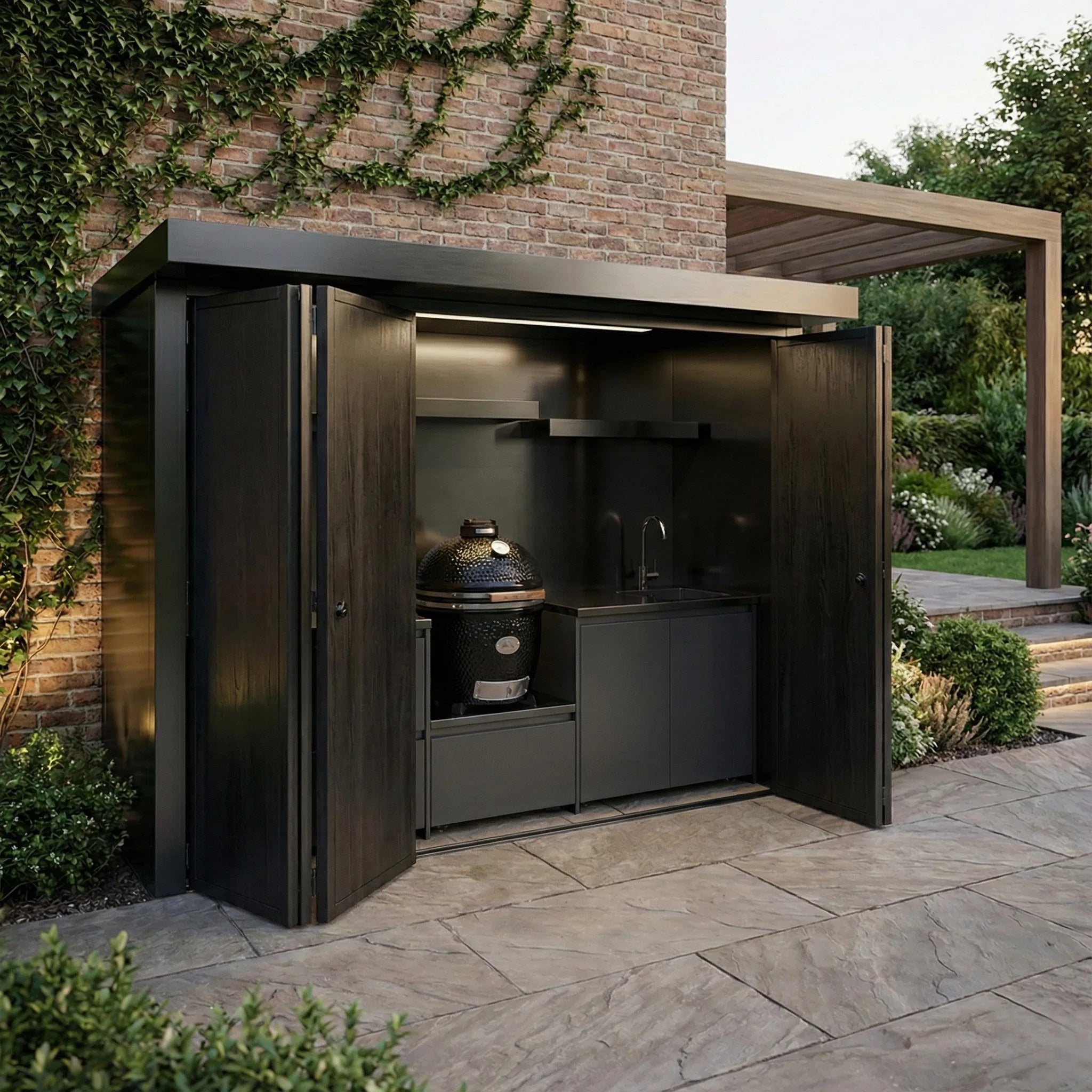 Luxury High Quality Outdoor BBQ Kitchen with Shed Corrosion Preventive Stainless Steel Outdoor Kitchen Shed Set for Patio Garden