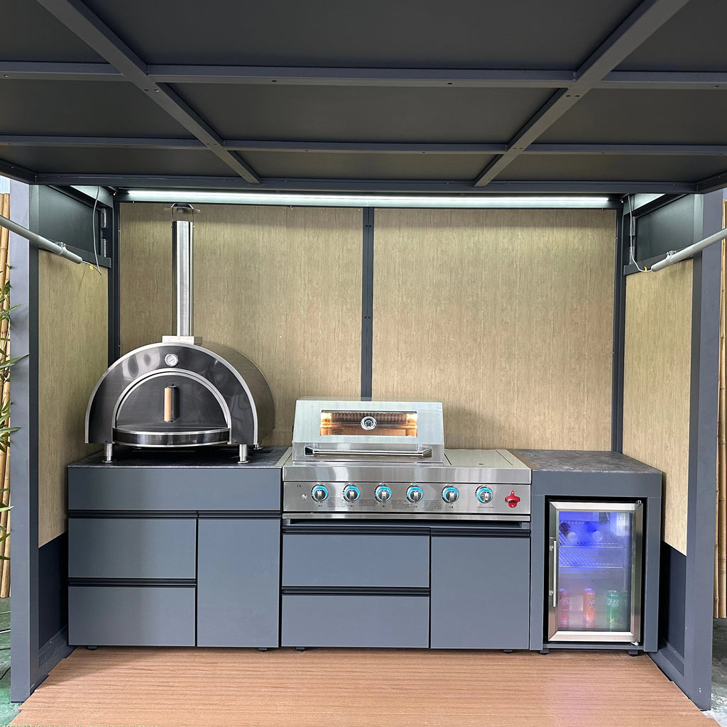 Luxury Modern Premium Kitchen with Customizable Hydraulic Telescopic Doors One-Stop Waterproof and Windproof Barbecue Solution