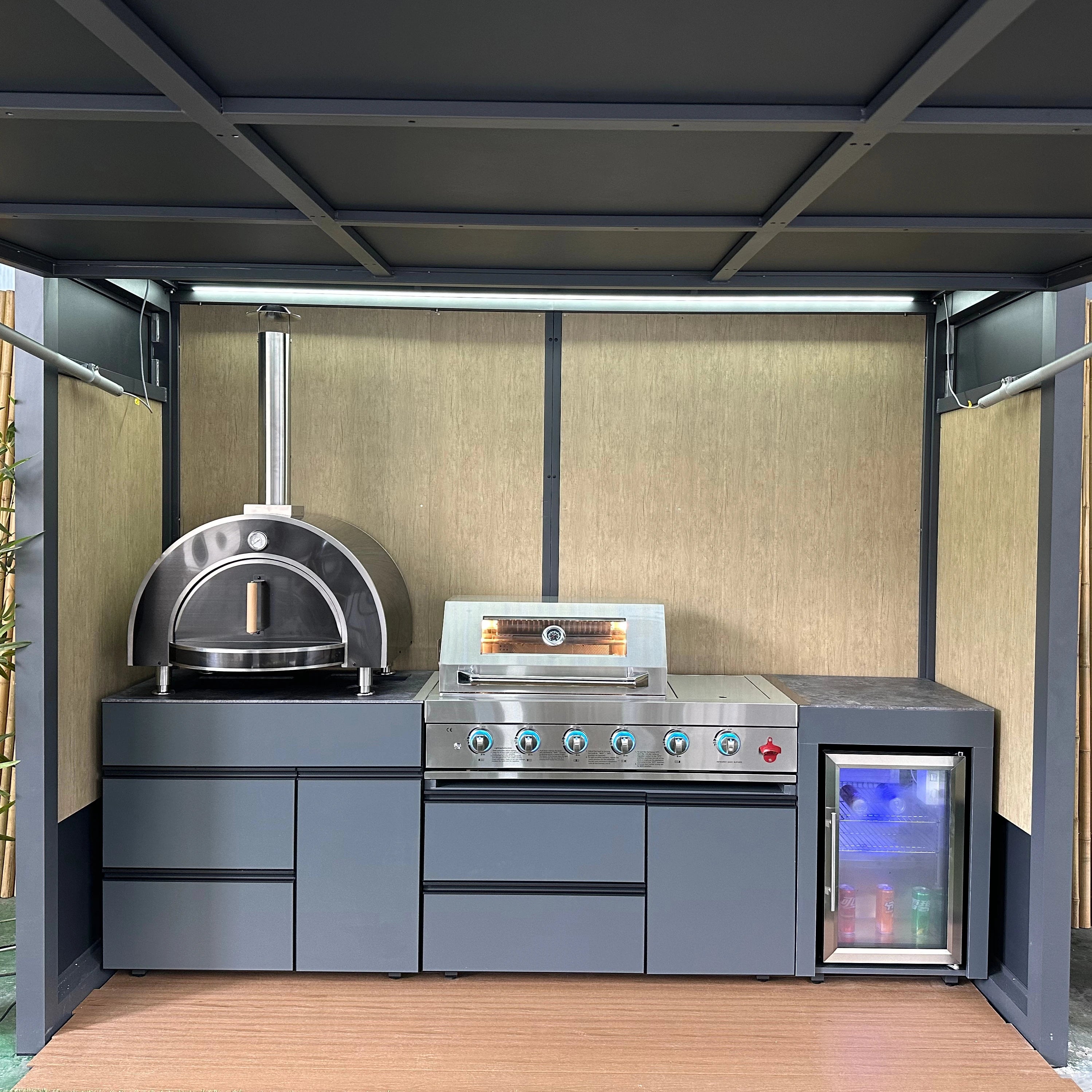 Luxury Modern Premium Kitchen with Customizable Hydraulic Telescopic Doors One-Stop Waterproof and Windproof Barbecue Solution