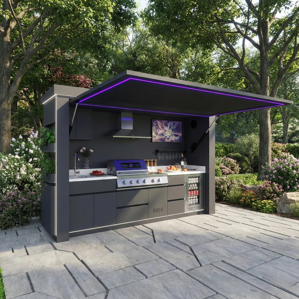 Luxury High Quality Outdoor BBQ Kitchen with Shed Corrosion Preventive Stainless Steel Outdoor Kitchen Shed Set for Patio Garden