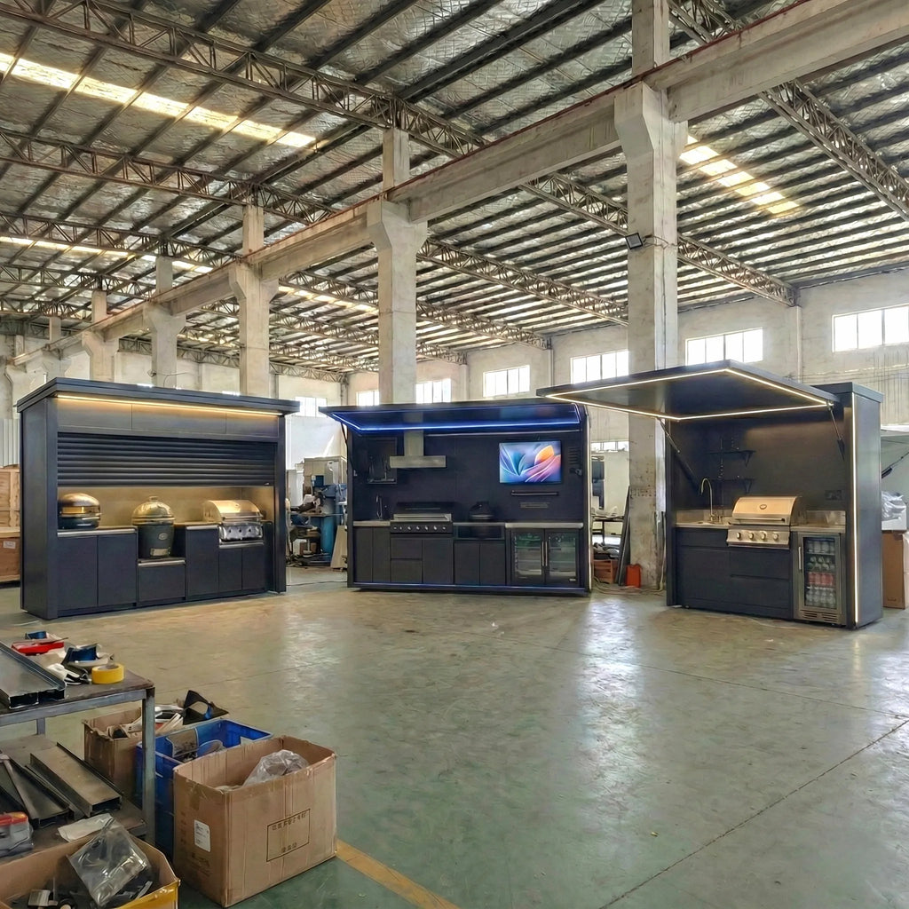 Factory Direct SS304 Stainless Steel Outdoor Kitchen Shed High Quality Outdoor Kitchen Pod with Fridge BBQ Grill Pod for Patio