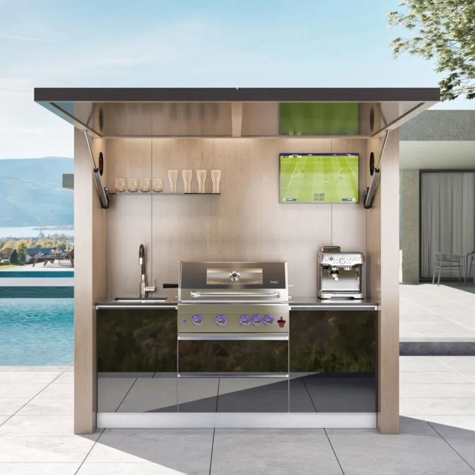 Modern Luxurious Premium Stainless Steel Powder Coated Outdoor BBQ Kitchen with Shed Remote Control Door Perfect Barbecue Party