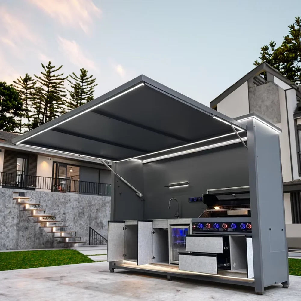 Durable Luxurious All-in-One Customizable Modern Premium Powder Coated Stainless Steel BBQ Kitchen Shed Remote Control