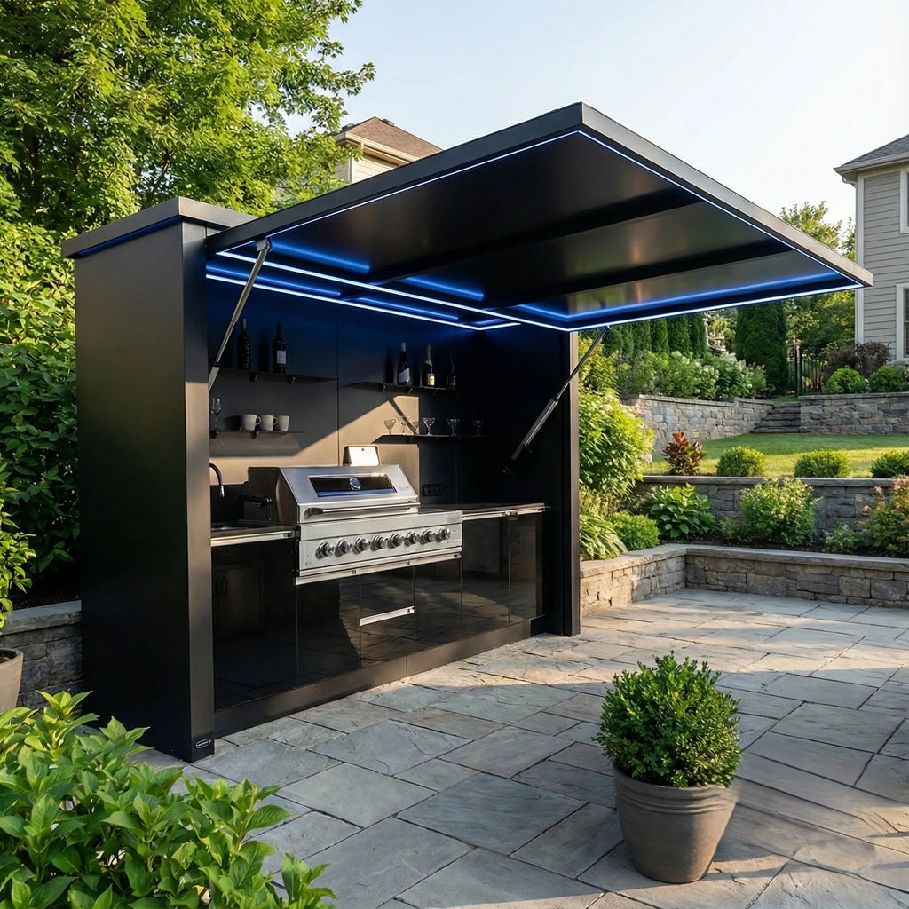 Wholesale Patio Fireproof Outdoor BBQ Kitchen with Shed Modular Stainless Steel Outdoor Kitchen Shed Set with Wine Cooler