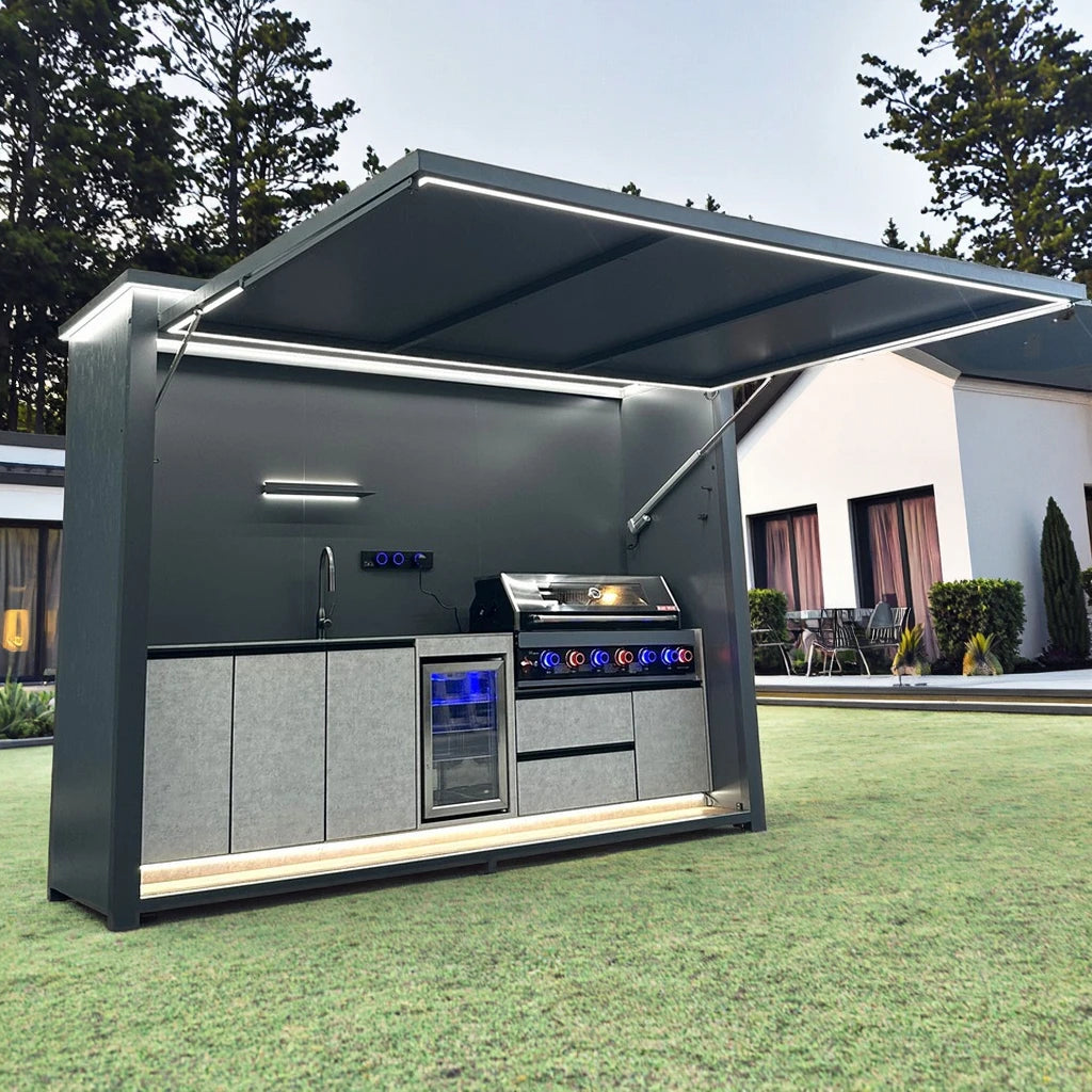 Durable Luxurious All-in-One Customizable Modern Premium Powder Coated Stainless Steel BBQ Kitchen Shed Remote Control