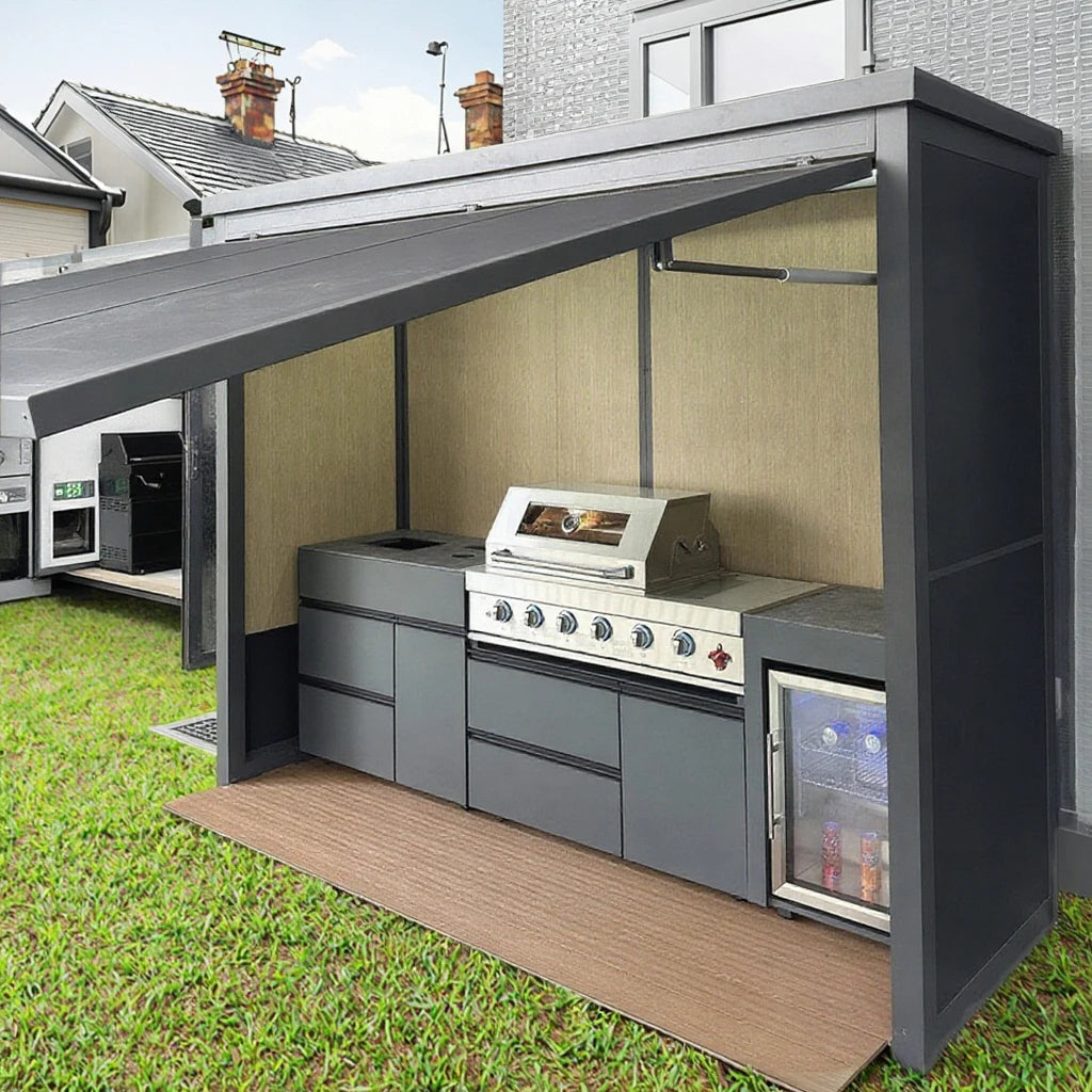 Custom All-In-One Stainless Steel Outdoor Kitchen Modern Expertly Engineered BBQ Island Featuring Refrigerator Grill Pizza Oven