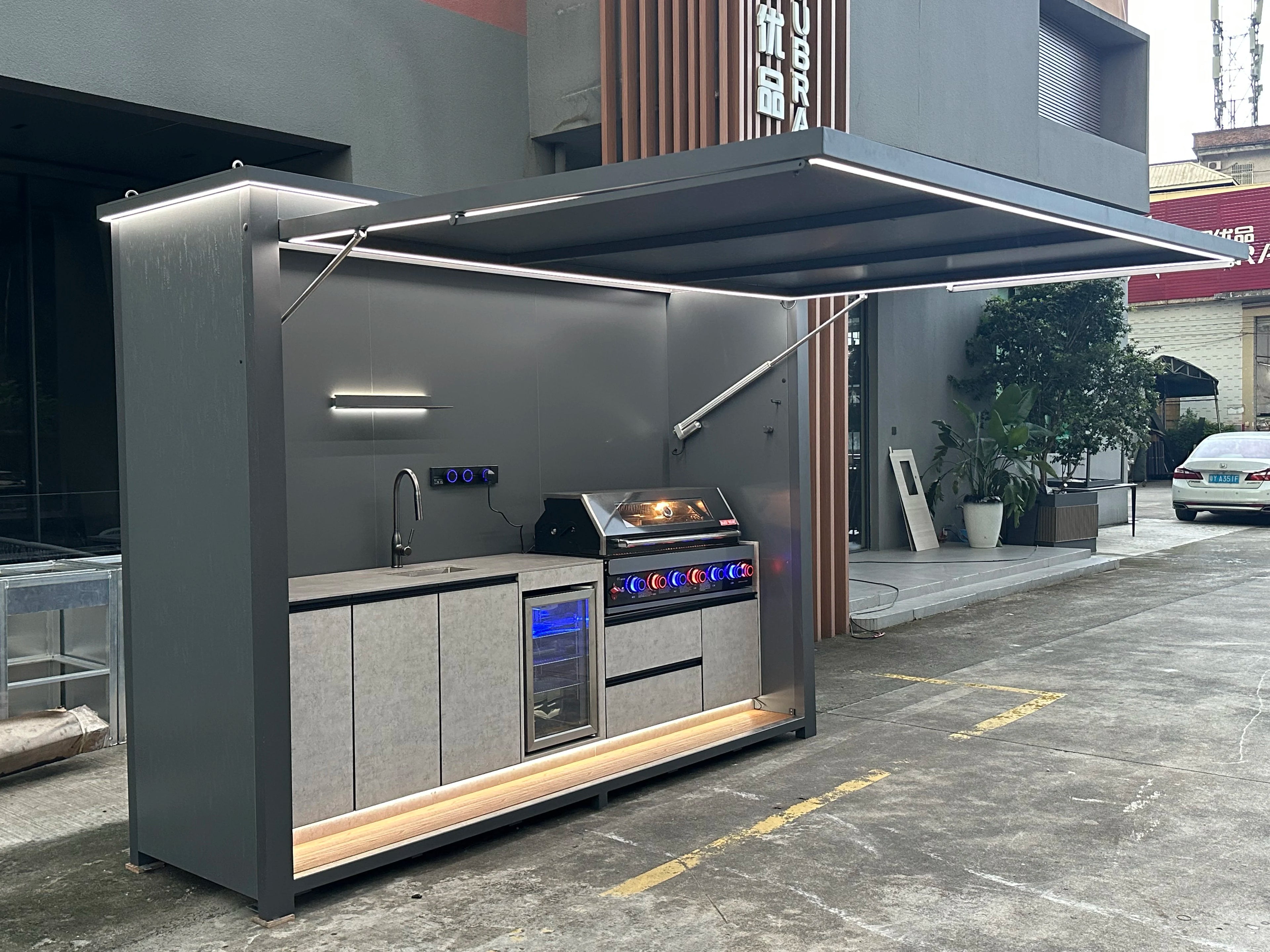 All One Modern Luxurious Premium Customizable Rust-Proof Wind-Resistant Powder Coated Stainless Steel Outdoor BBQ Station Fridge