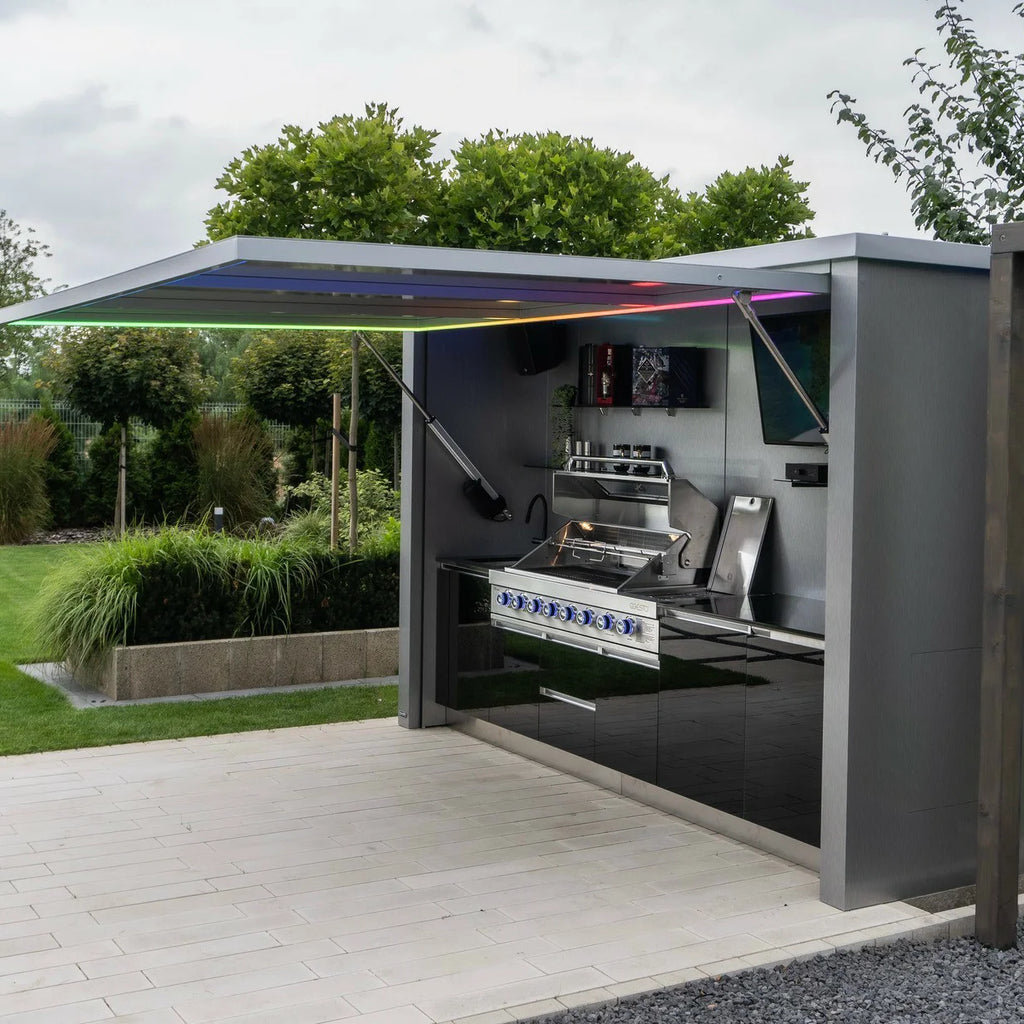 High End Formaldehyde Free Stainless Steel Outdoor Kitchen Pod Modern Design Outdoor Kitchen Bbq Island with Shed for Apartment