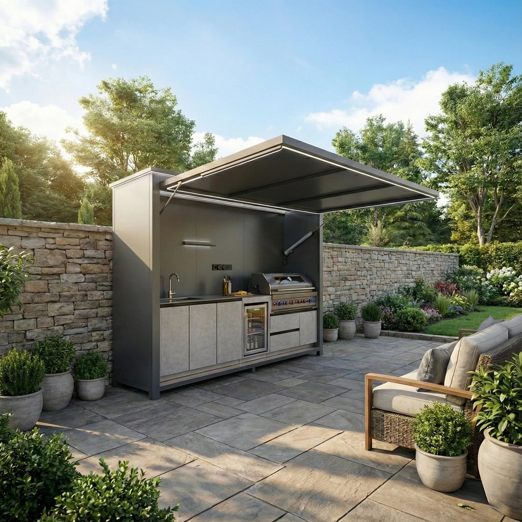 ODM Weatherproof Stainless Steel Outdoor Kitchen Pod Modern Design Outdoor Bbq Kitchen with Shed with Wine Cooler for Patio