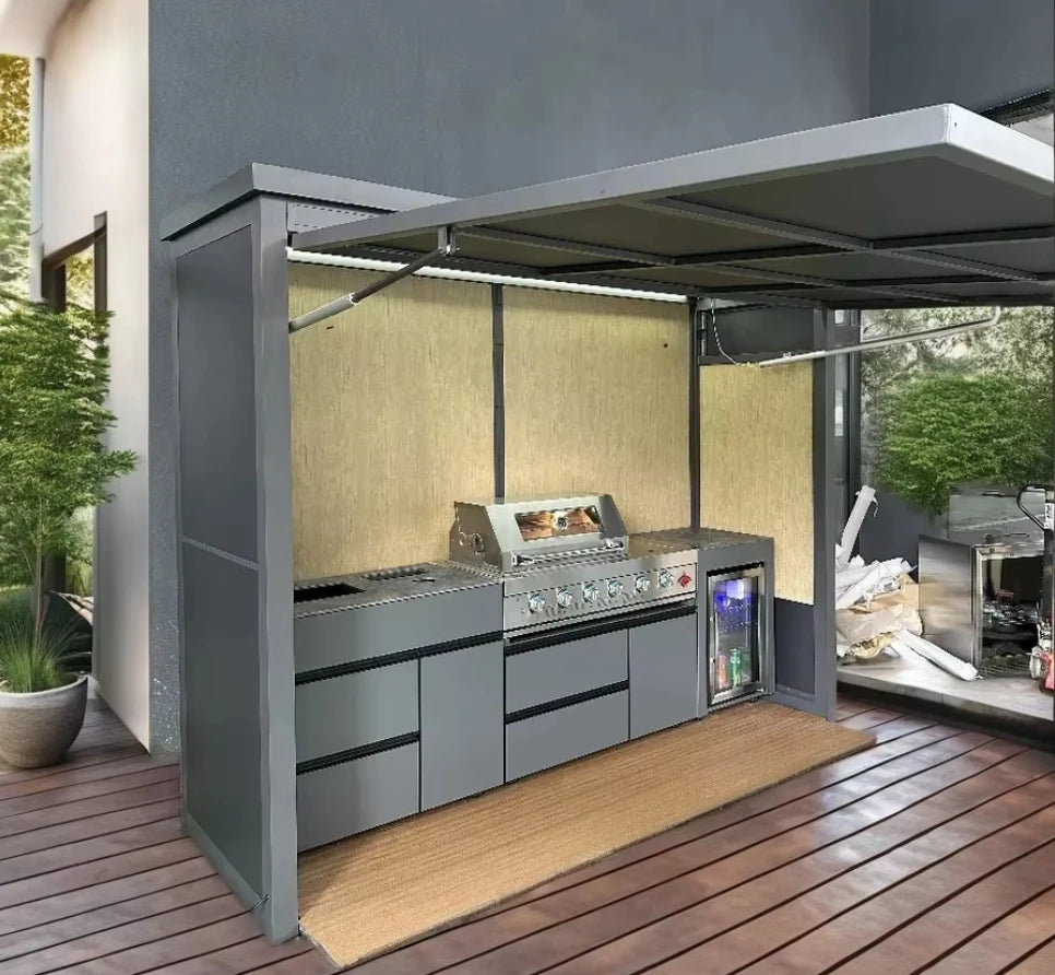 2025 Premium Weatherproof Outdoor Kitchen Set  Stainless Steel Grills Sink and Fridge Cabinets & Custom Aluminum Pavilion