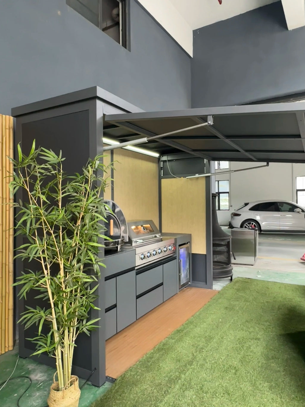 Luxury Modern Premium Kitchen with Customizable Hydraulic Telescopic Doors One-Stop Waterproof and Windproof Barbecue Solution