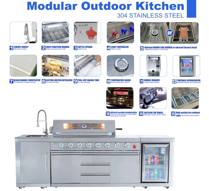 Custom Luxurious Premium Modern Stainless Steel Outdoor Grilling RGB LED Light Houses Freestand Gas Grill Remote Control Garden