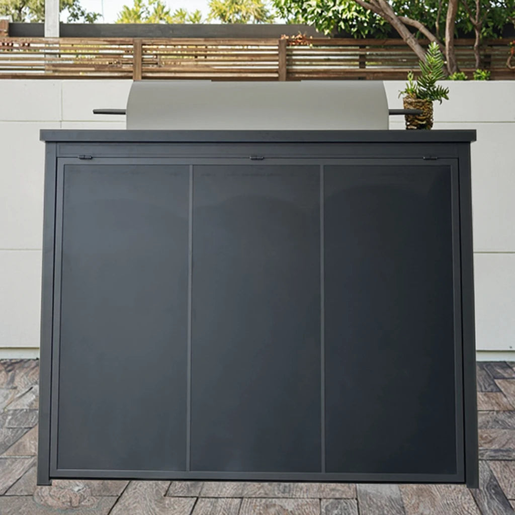 Custom All-In-One Stainless Steel Outdoor Kitchen Modern Expertly Engineered BBQ Island Featuring Refrigerator Grill Pizza Oven