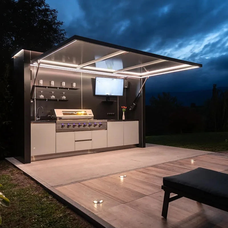 All-season Multi Functional Outdoor Kitchen with Shelter Recycle 304 Stainless Steel Outdoor Kitchen with Shed for Courtyard
