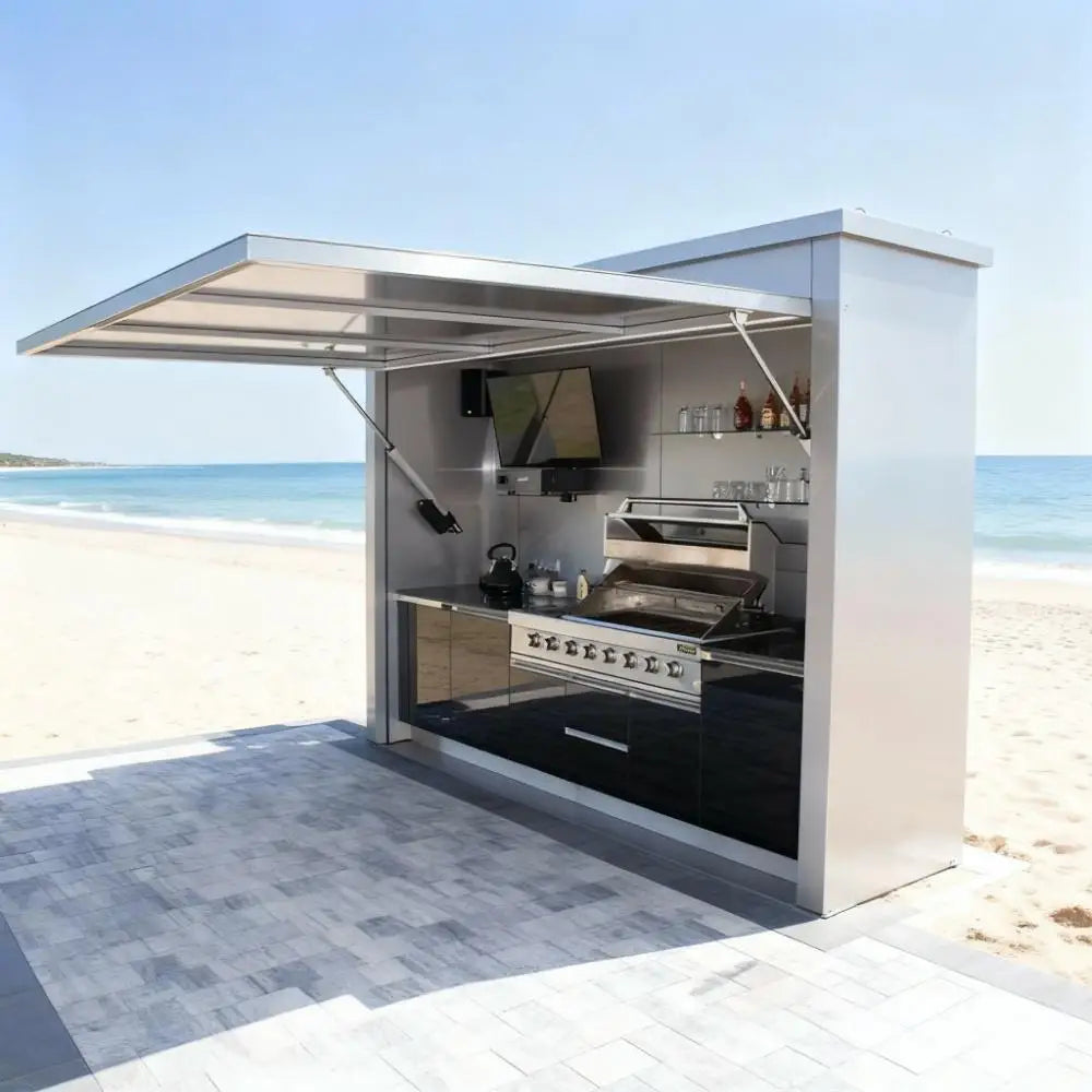 European Anti Deformation 304 Stainless Steel Outdoor Kitchen Shed Metallic Texture Outdoor Kitchen Station BBQ Pod for Garden