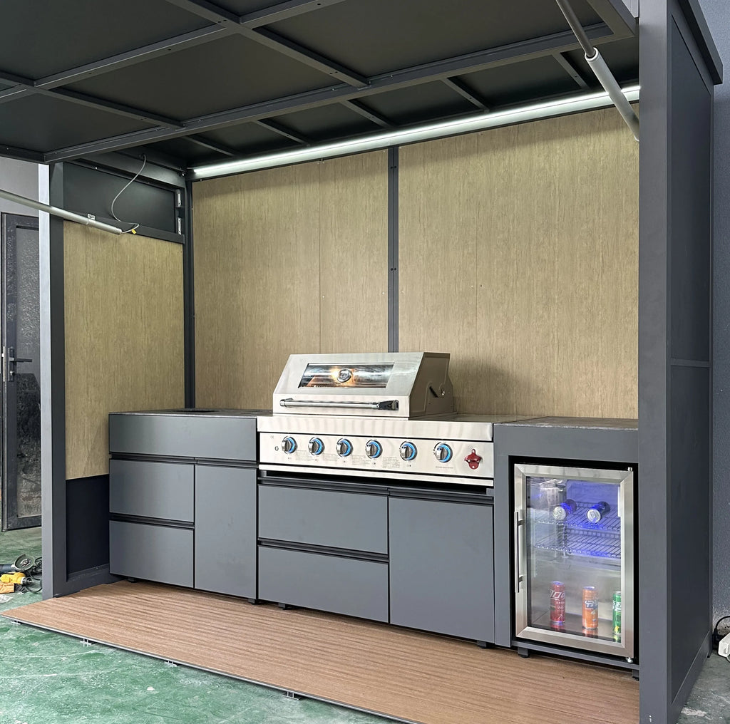 Premium Custom Outdoor Kitchen Shed Cabinets with Modern Luxurious Gas Grill Natural Gas & Propane Burner Options for Parties