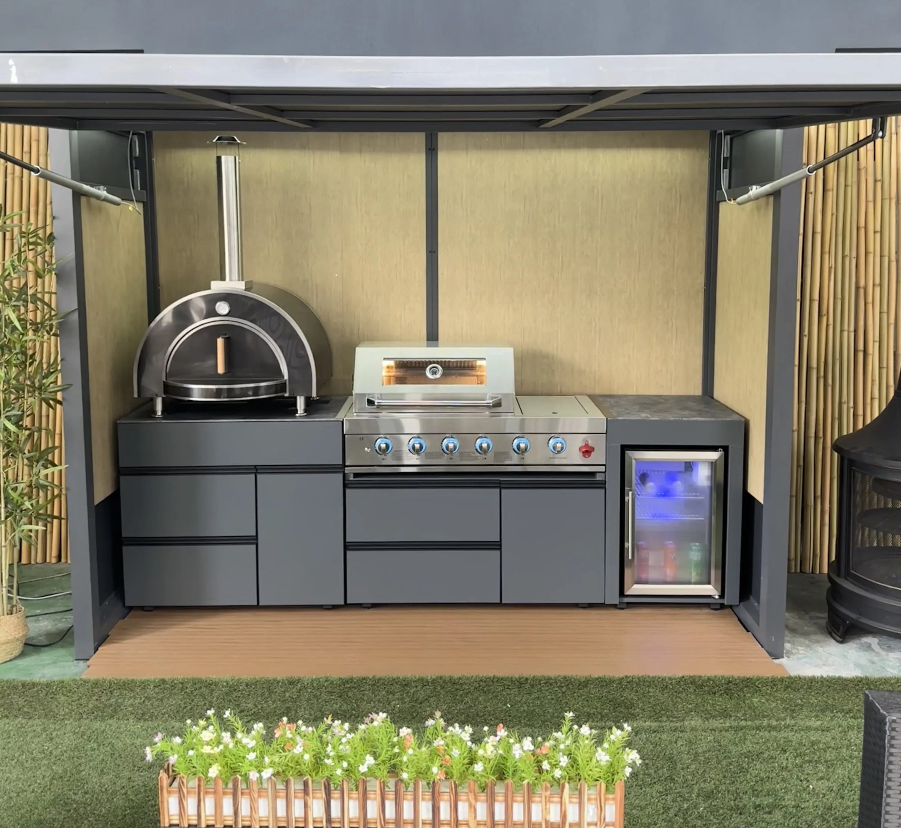 Modern Luxurious Premium Stainless Steel Powder Coated Outdoor BBQ Kitchen with Shed Remote Control Door Perfect Barbecue Party