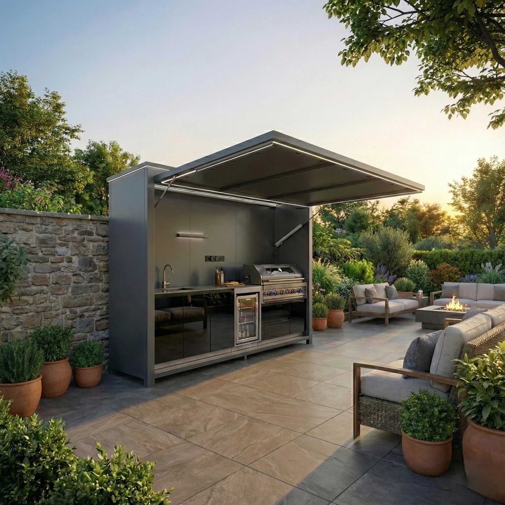 New Product Fireproof Stainless Steel Outdoor Kitchen Shed Cool Colors Outdoor Kitchen Bbq Island with Shed for Villa Courtyards