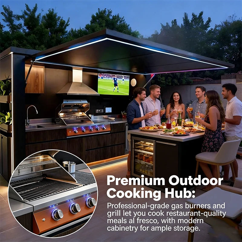 Kamado Grill & Pizza Oven-Portable Outdoor Kitchen BBQ Pod Aluminum Cabinet Eco-Friendly Flame Tamer Safety Knob Control