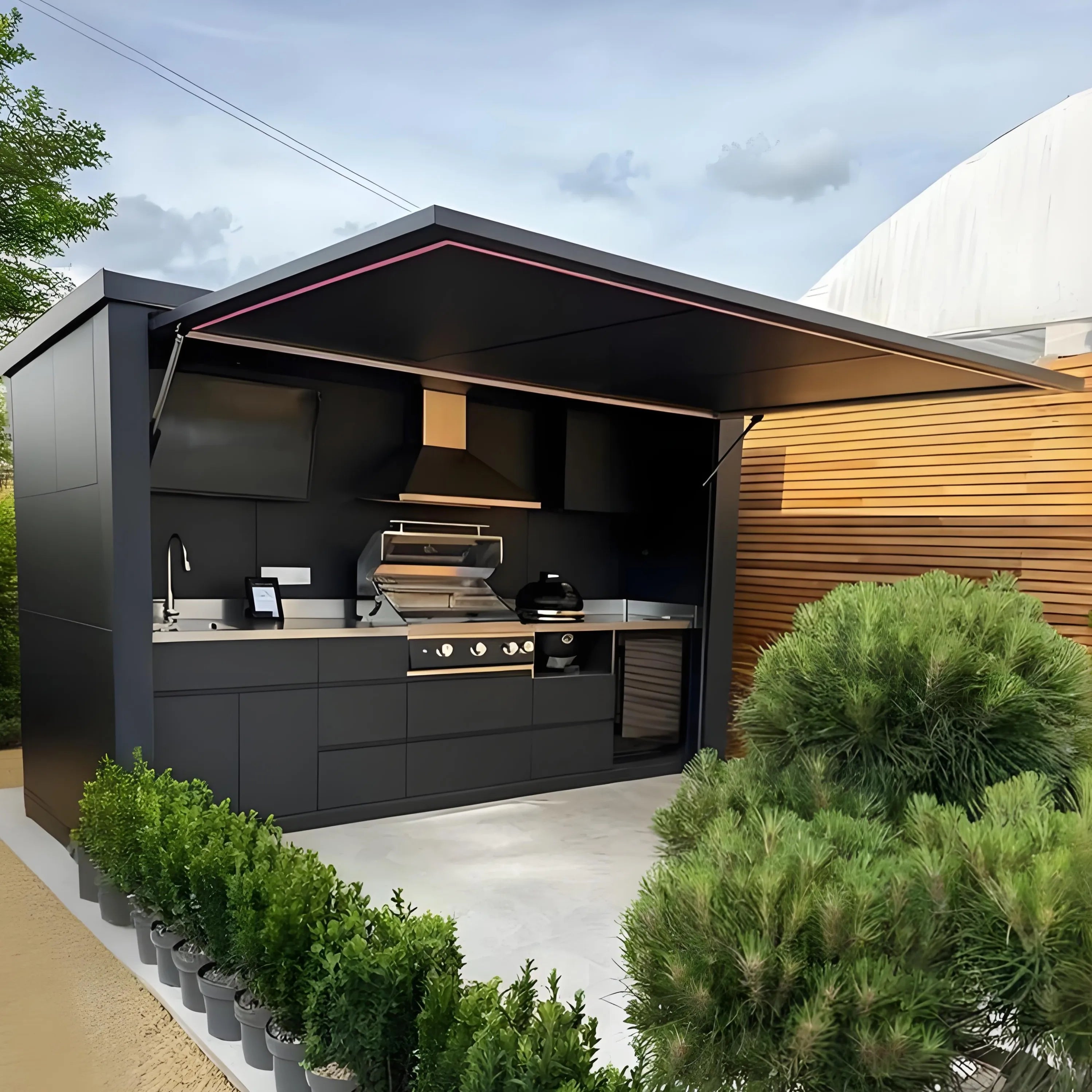Custom Weatherproof Stainless Steel Outdoor Kitchen Pod Cool to the Touch Fridge Outdoor Bbq Kitchen with Shed for Patio Garden