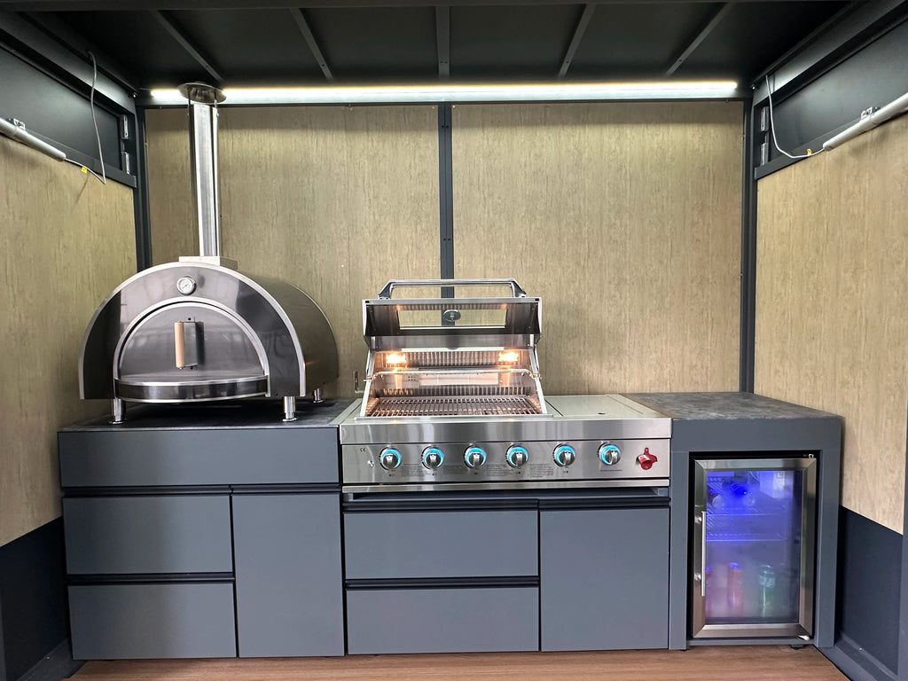 Custom All-In-One Stainless Steel Outdoor Kitchen Modern Expertly Engineered BBQ Island Featuring Refrigerator Grill Pizza Oven