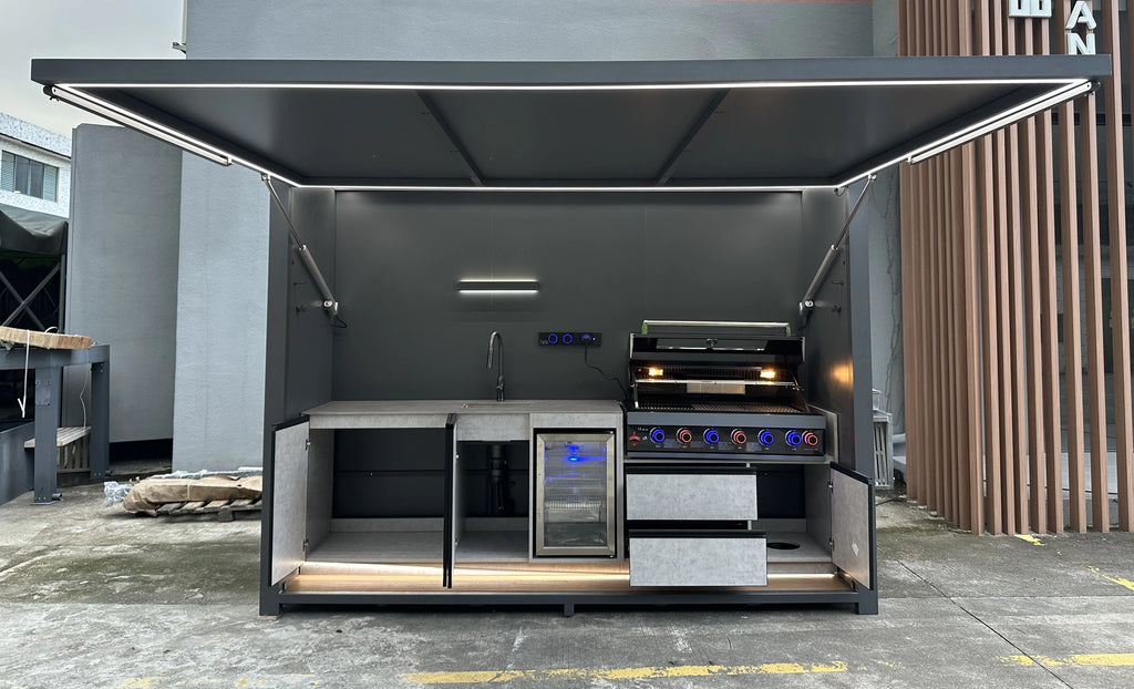 Durable Luxurious All-in-One Customizable Modern Premium Powder Coated Stainless Steel BBQ Kitchen Shed Remote Control