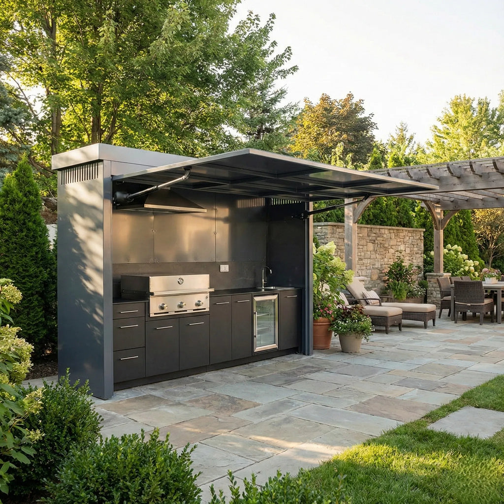 High End High Quality Outdoor Bbq Kitchen with Shed Fireproof Stainless Steel Outdoor Kitchen Shed for Courtyard Patio Garden