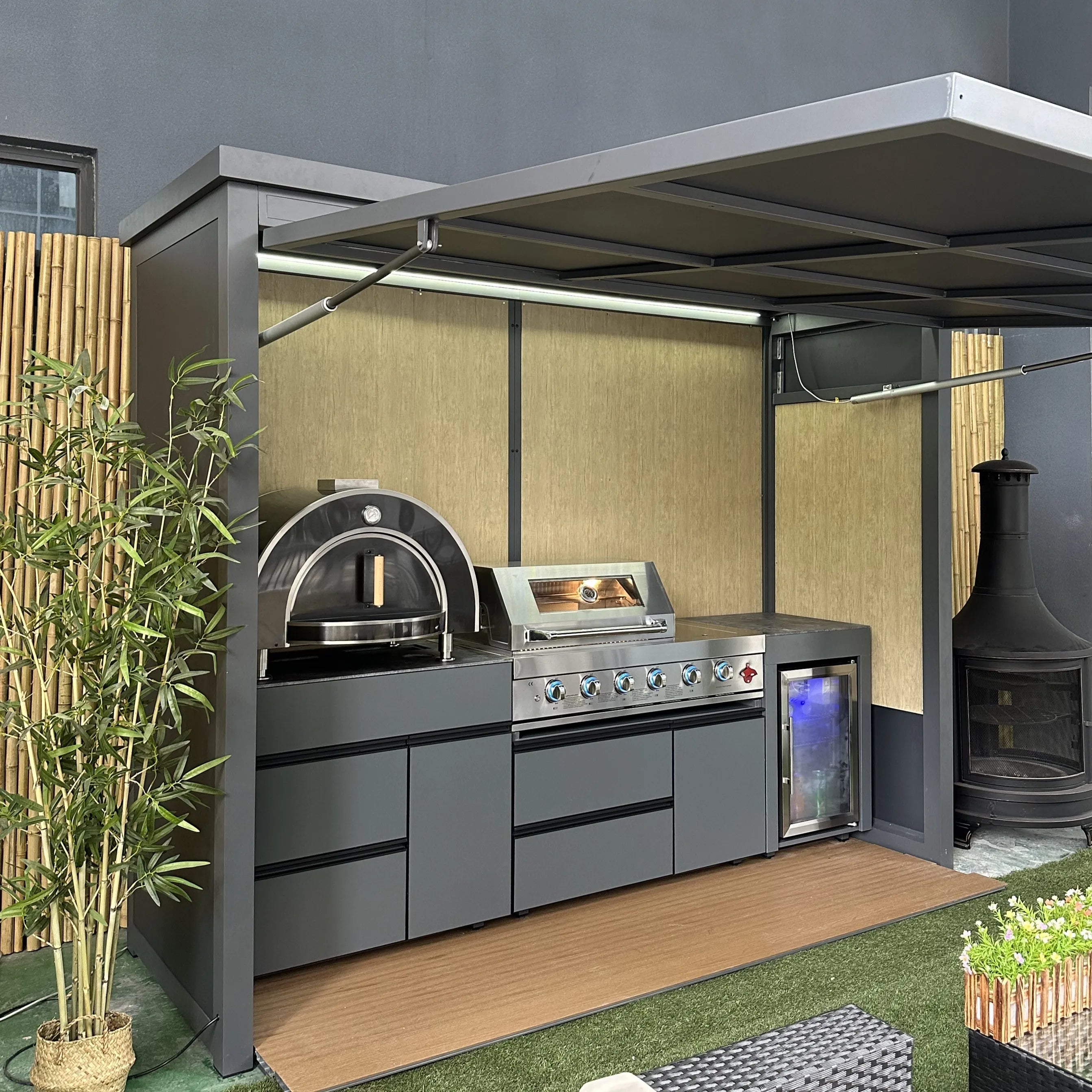 Modern Luxurious Premium Stainless Steel Powder Coated Outdoor BBQ Kitchen with Shed Remote Control Door Perfect Barbecue Party