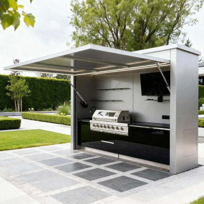All-season Formaldehyde Free Stainless Steel Outdoor Kitchen Pod Cool Colors Outdoor Kitchen Bbq Island with Shed for Apartment