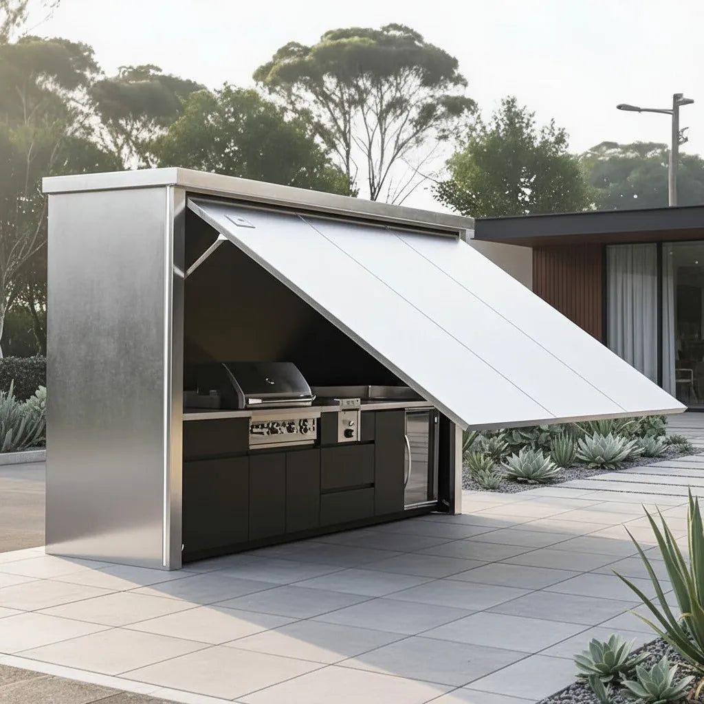High End Formaldehyde Free Stainless Steel Outdoor Kitchen Pod Modern Design Outdoor Kitchen Bbq Island with Shed for Apartment