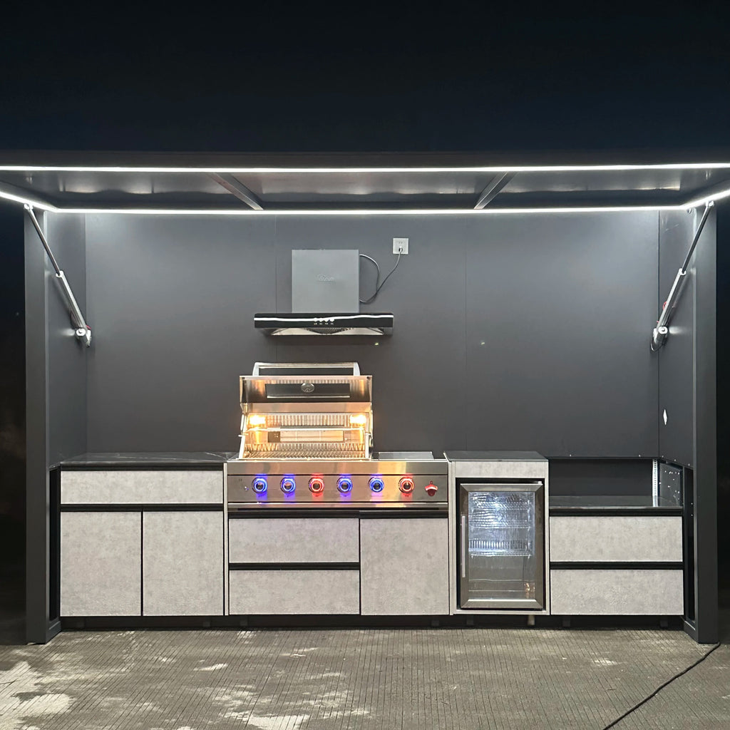 All One Customizable Luxurious Modern Premium Stainless Steel Powder Coated Rust-Proof Wind-Resistant Outdoor BBQ Station Fridge