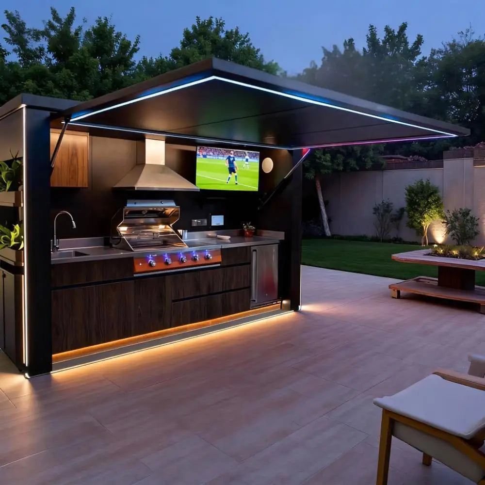 All-season Formaldehyde Free Stainless Steel Outdoor Kitchen Pod Cool Colors Outdoor Kitchen Bbq Island with Shed for Apartment
