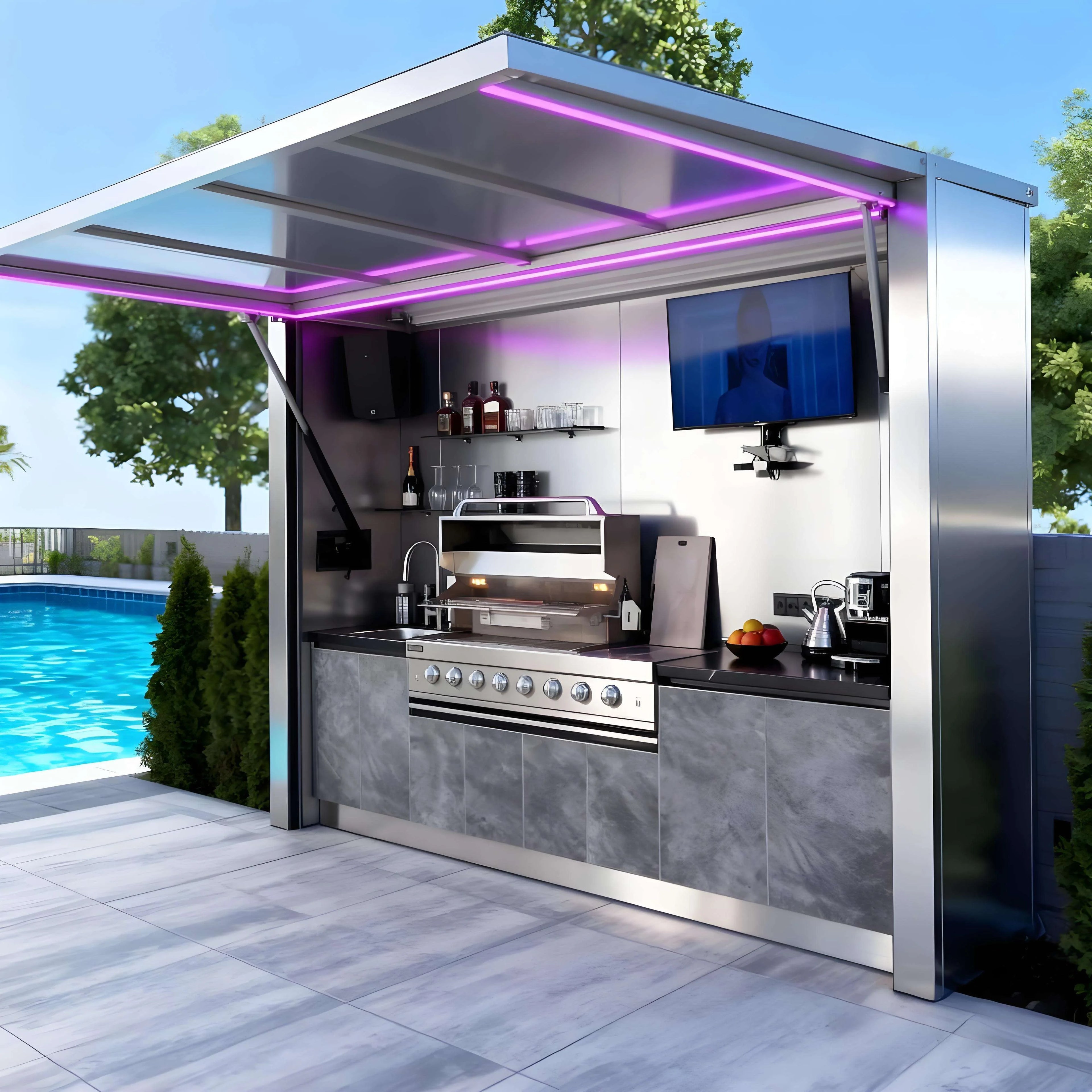 Luxury High Quality Outdoor BBQ Kitchen with Shed Corrosion Preventive Stainless Steel Outdoor Kitchen Shed Set for Patio Garden