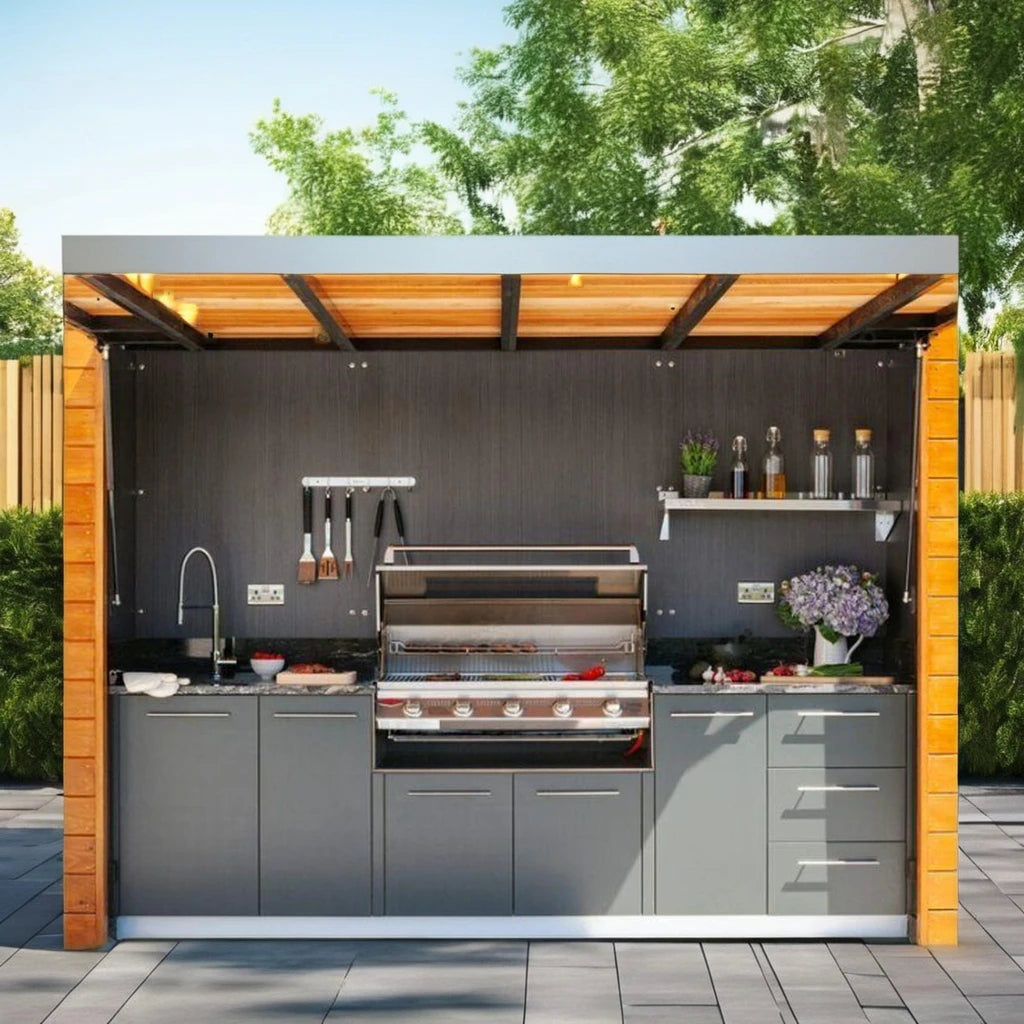 Customized One-Stop Outdoor BBQ Kitchen with Refrigerator Sink Storage Cabinet and Retractable Door House