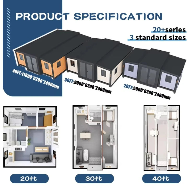 40ft Mobile Folding Houses, 20ft Modular Prefabricated Houses and Customizable Container Houses with 1-4 Bedrooms and Furniture